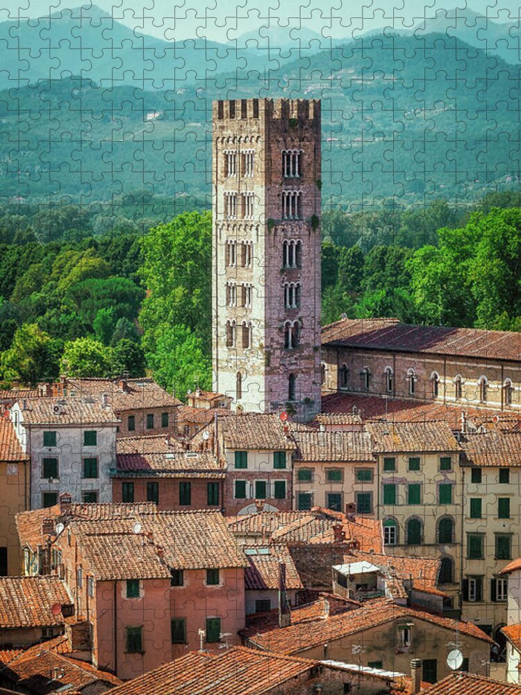 Cultural Exploration Jigsaw Puzzle featuring the photograph Tuscan Tranquility - Over the Roofs of Lucca, July 2015 by Benoit Bruchez