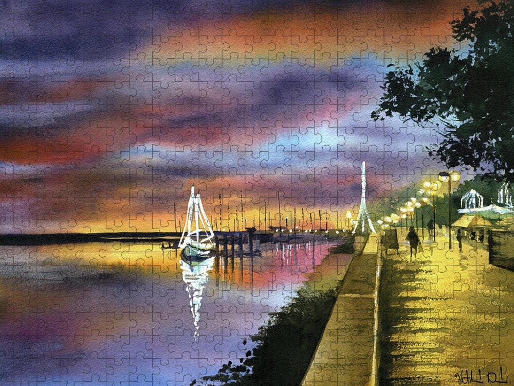 Portugal Jigsaw Puzzle featuring the painting Twilight at Ria Formosa Olhao Portugal by Dora Hathazi Mendes