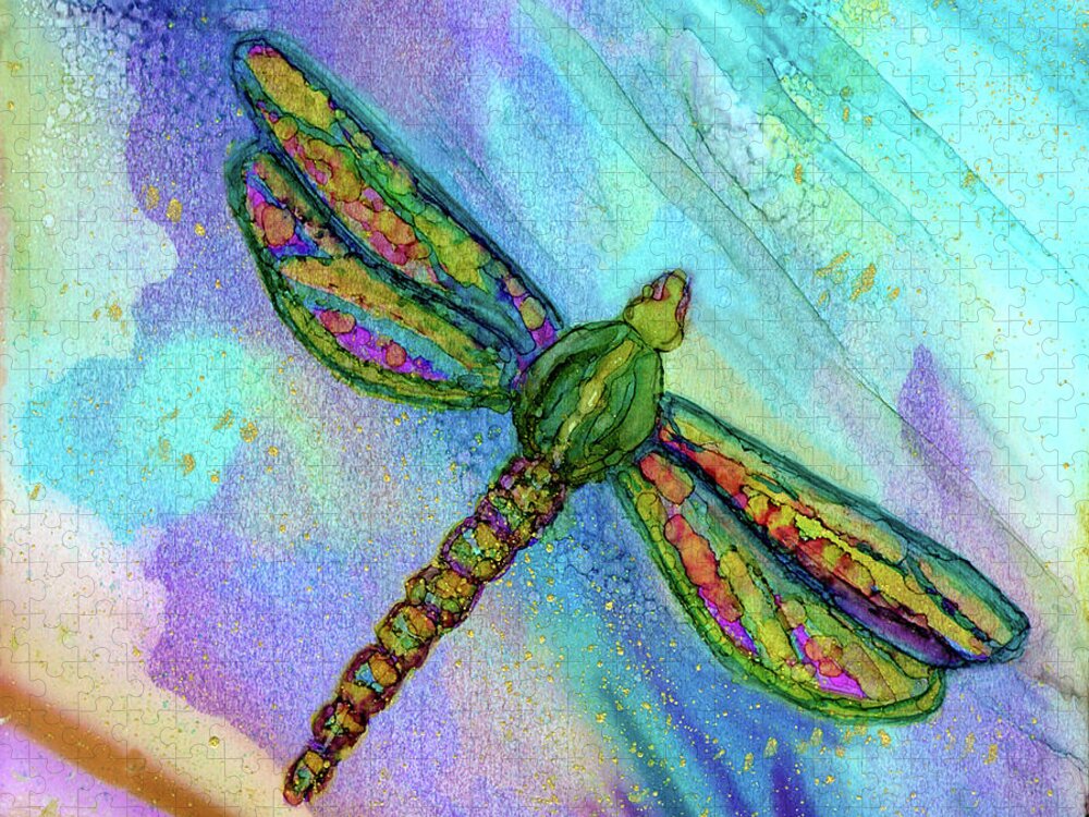 Dragonfly Jigsaw Puzzle featuring the painting Twilight Flight Dragonfly Alcohol Ink by Deborah League