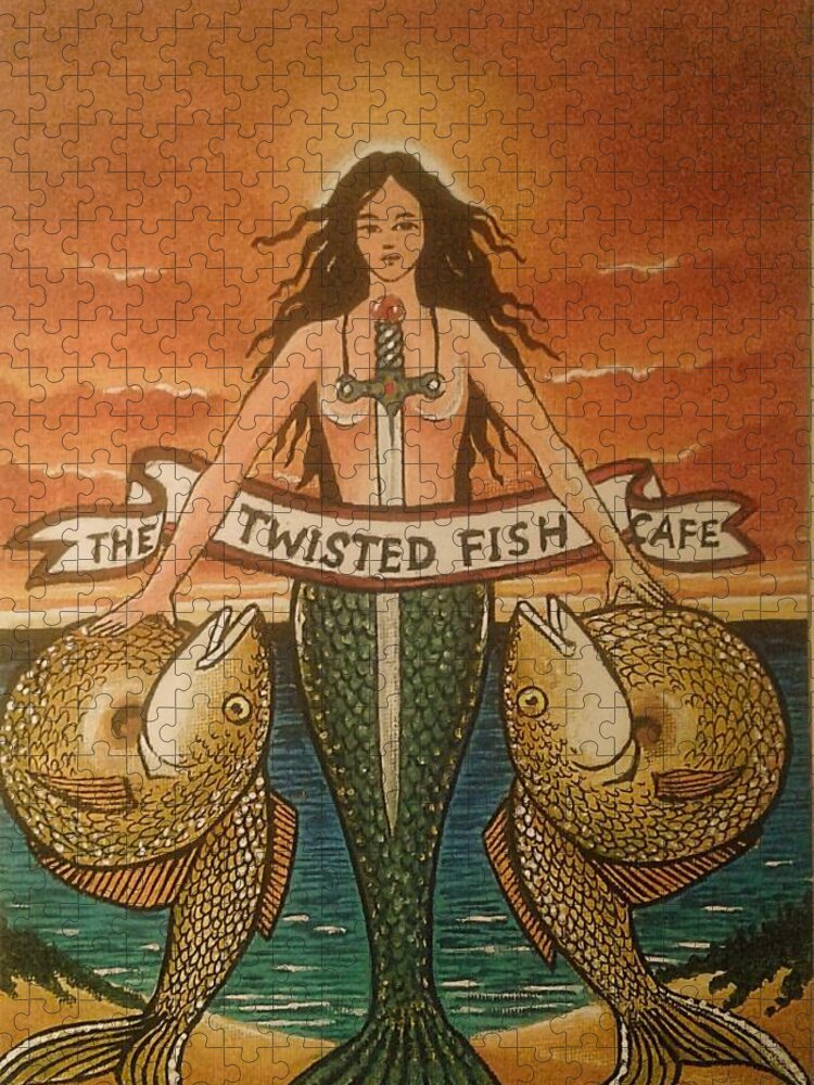 Mermaids Jigsaw Puzzle featuring the painting Twisted Fish Cafe by James RODERICK