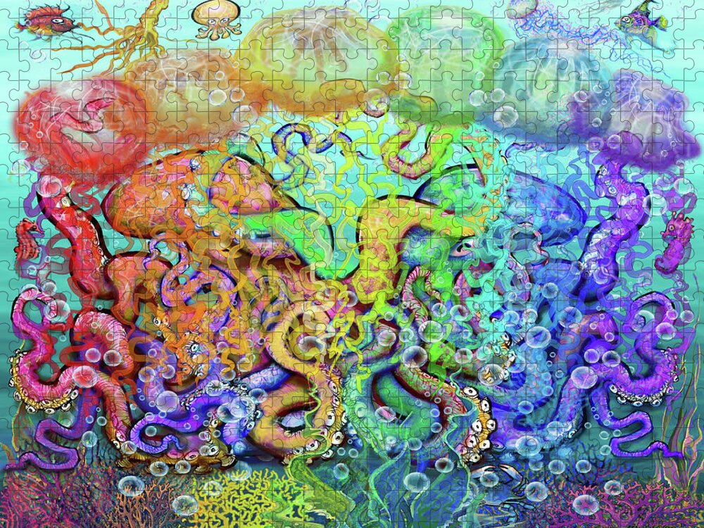 Octopi Jigsaw Puzzle featuring the digital art Twisted Rainbow of Tentacles by Kevin Middleton