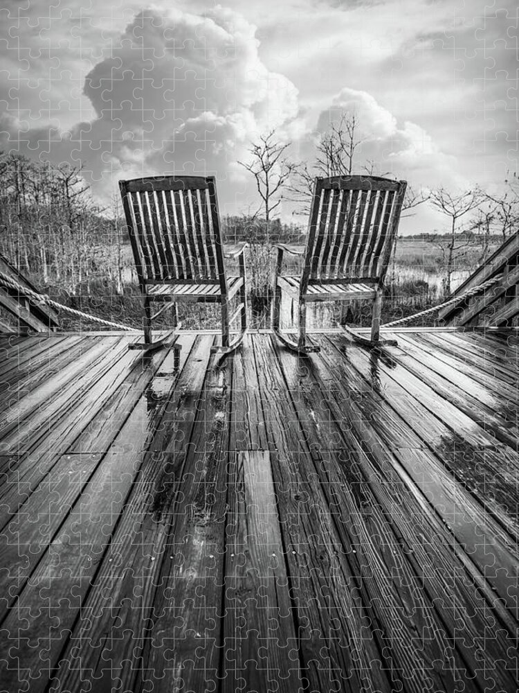 Clouds Jigsaw Puzzle featuring the photograph Two Chairs after the Rain in Black and White by Debra and Dave Vanderlaan