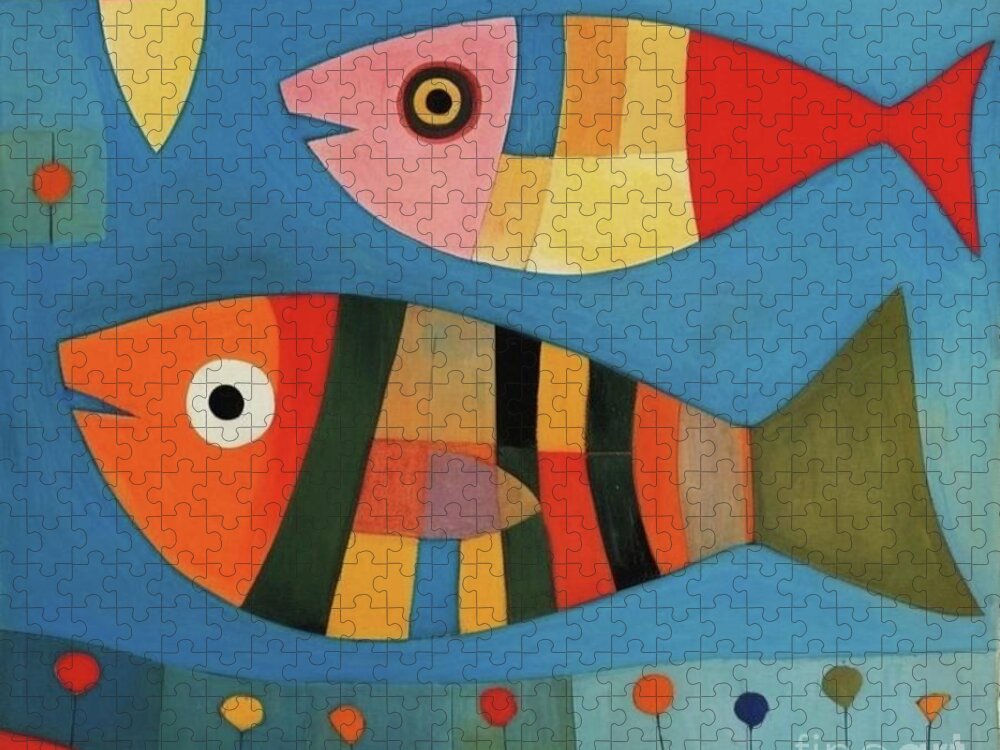 Fish Jigsaw Puzzle featuring the mixed media Two cute fish - small portrait in cubist style. by Anita Sara Samuel