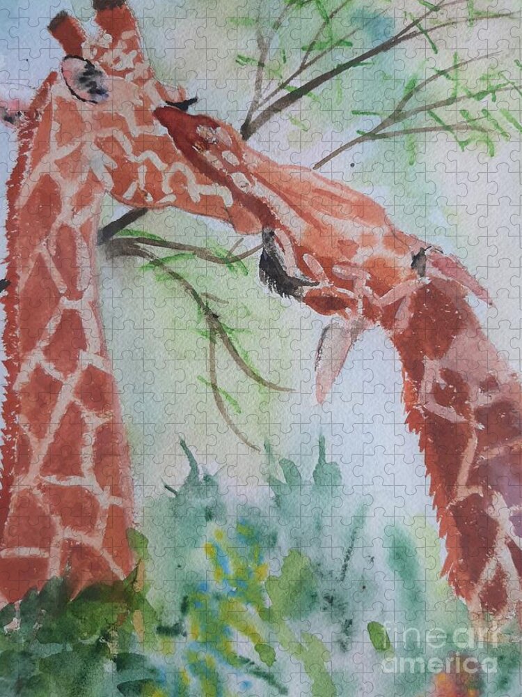 Watercolor Jigsaw Puzzle featuring the painting Two Giraffes by L A Feldstein