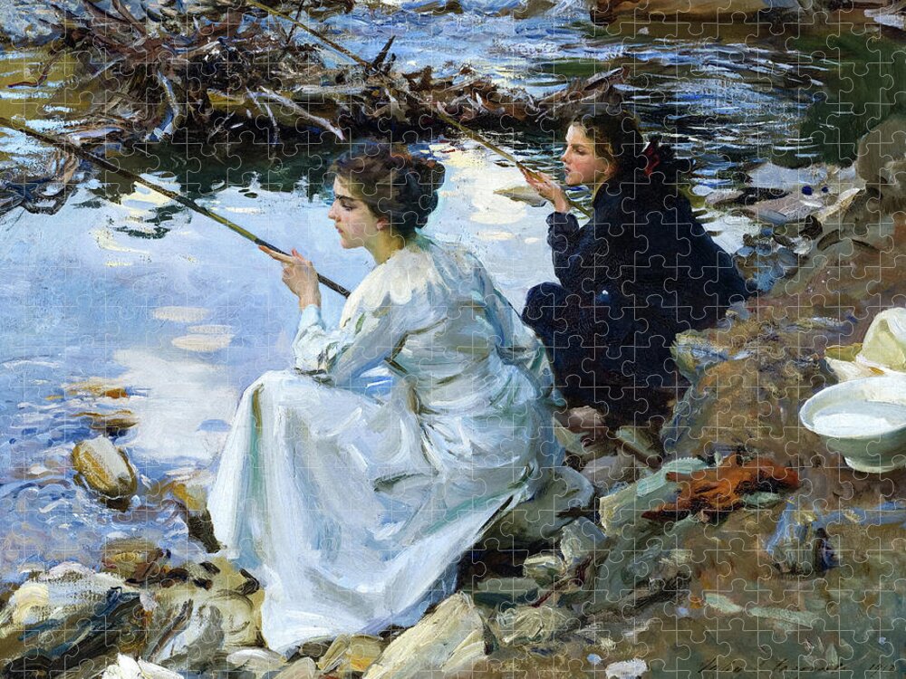 John Singer Sargent Jigsaw Puzzle featuring the painting Two Girls Fishing, 1912 by John Singer Sargent