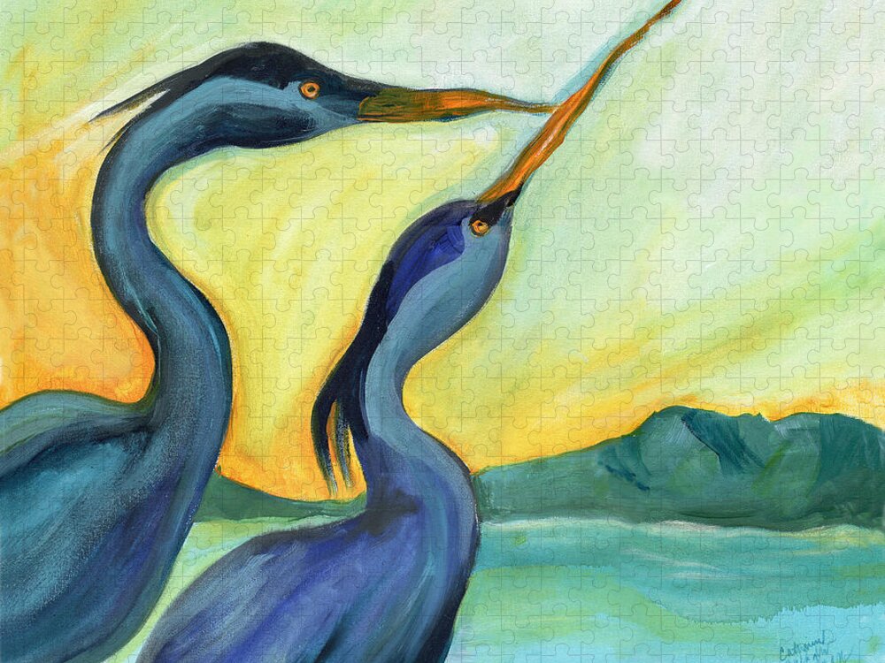 Landscape Jigsaw Puzzle featuring the painting Two Herons by Catharine Gallagher