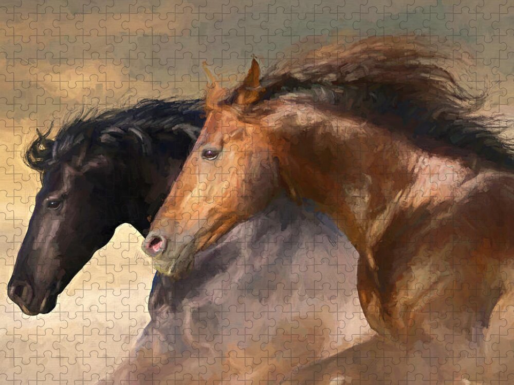 Horse Jigsaw Puzzle featuring the digital art Two Horse Heads - paint 2 by Steve Ladner