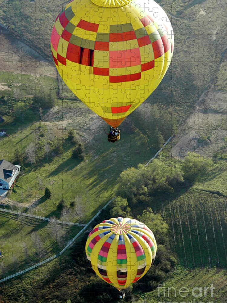 Two Jigsaw Puzzle featuring the photograph Two hot air balloons flying together over fields in California. by Gunther Allen