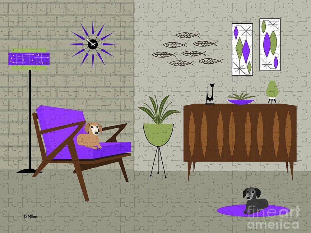 Mid Century Modern Dachshunds Jigsaw Puzzle featuring the digital art Two Mid Century Dachshunds in Purple Room by Donna Mibus