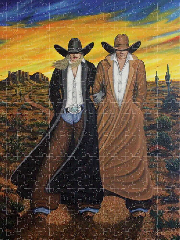 Sunset Jigsaw Puzzle featuring the painting Two On The Trail by Lance Headlee