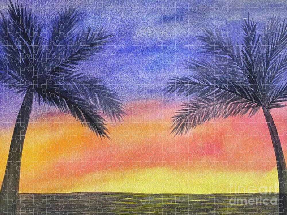 Palm Trees Jigsaw Puzzle featuring the painting Two Palm Trees at Sunset by Lisa Neuman