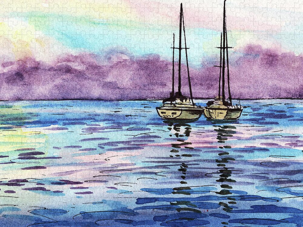 Boats Jigsaw Puzzle featuring the painting Two Sailboats Resting In The Ocean Purple Clouds Watercolor Beach Art by Irina Sztukowski