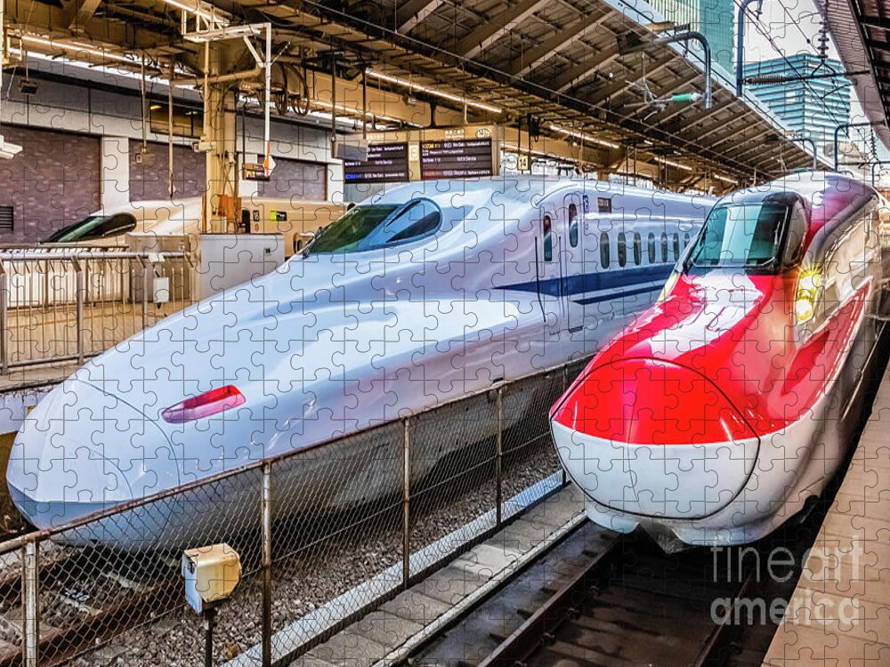 Shinkansen Jigsaw Puzzle featuring the photograph Two Shinkansen at the Tokyo Station by Lyl Dil Creations