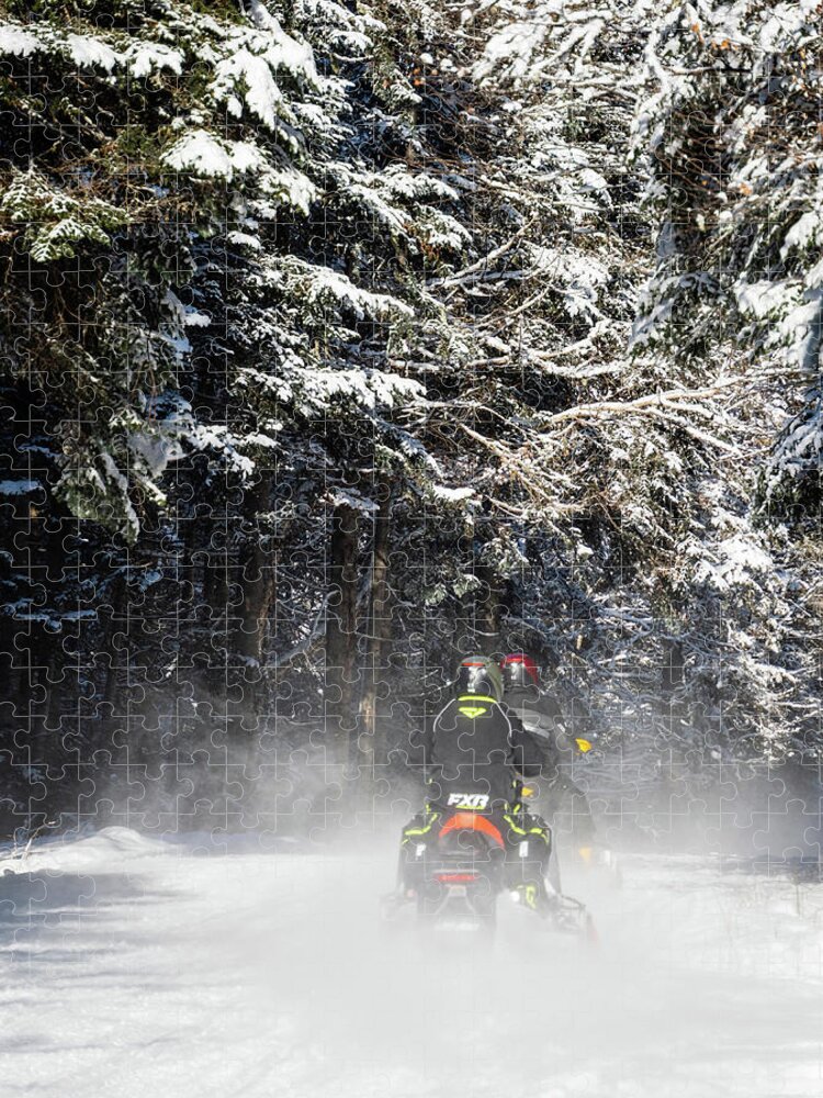 America Jigsaw Puzzle featuring the photograph Two Snowmobiles Heading Down The Trail - Pittsburg, New Hampshire by John Rowe