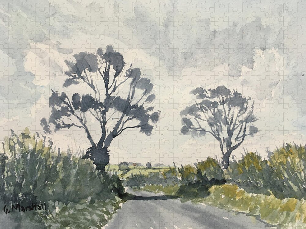 Watercolour Jigsaw Puzzle featuring the painting Two Trees on Thwing Road by Glenn Marshall