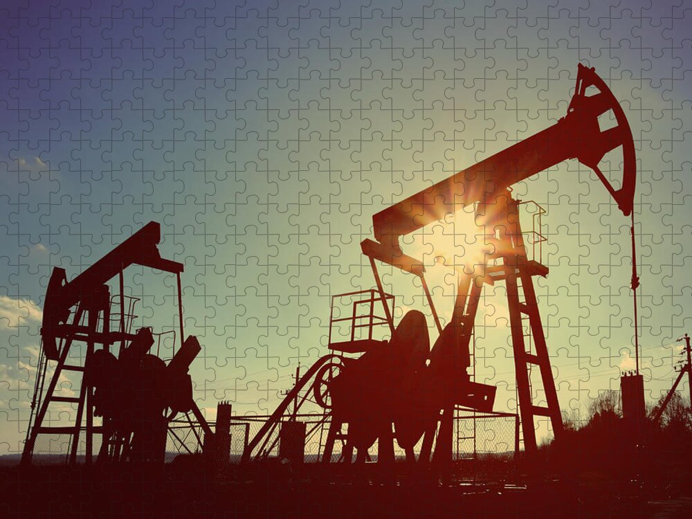 Oil Jigsaw Puzzle featuring the photograph Two Working Oil Pumps - Vintage Retro Style by Mikhail Kokhanchikov