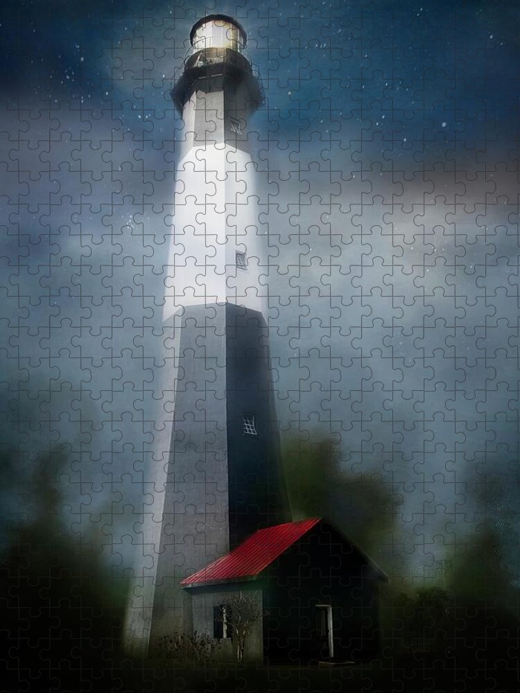 Texture Jigsaw Puzzle featuring the photograph Tybee Island Lighthouse at Night by Marjorie Whitley