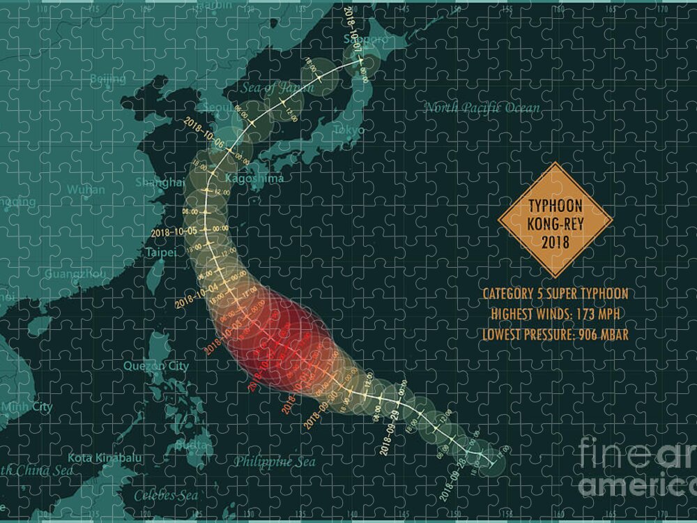 Cartography Jigsaw Puzzle featuring the digital art Typhoon Kong-Rey 2018 Track East China Sea Infographic by Frank Ramspott