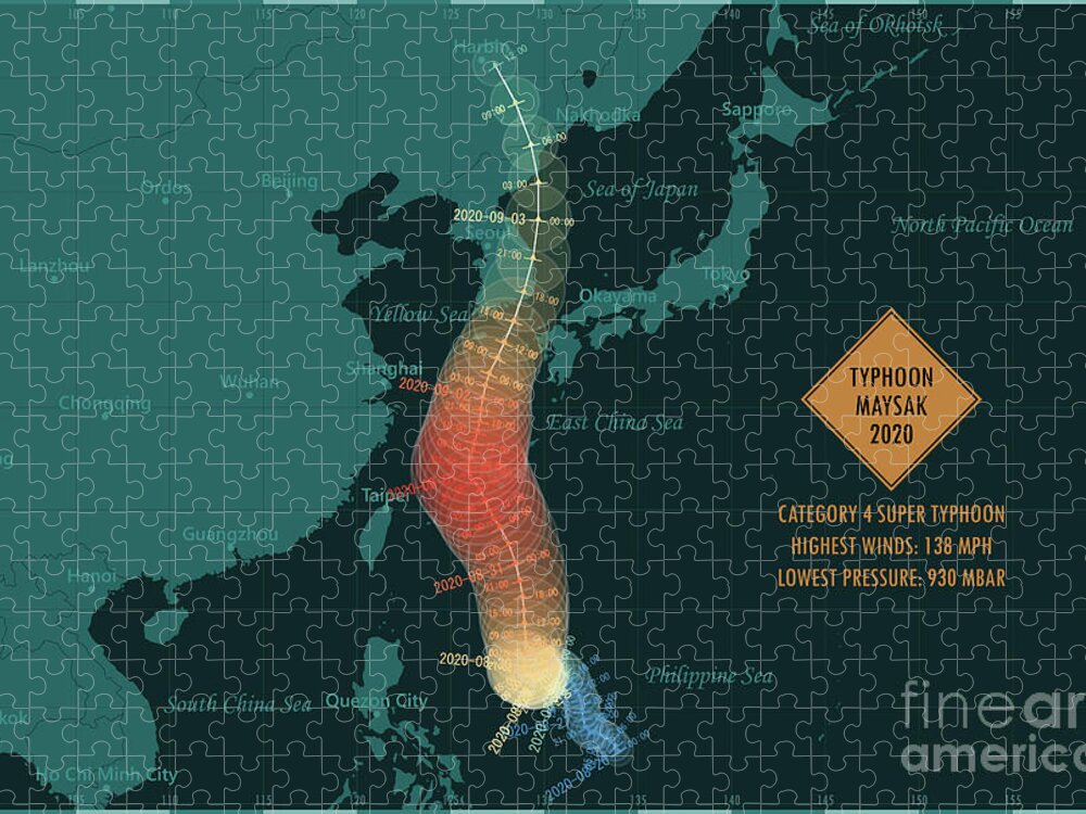 Cartography Jigsaw Puzzle featuring the digital art Typhoon Maysak 2020 Track East China Sea Infographic by Frank Ramspott