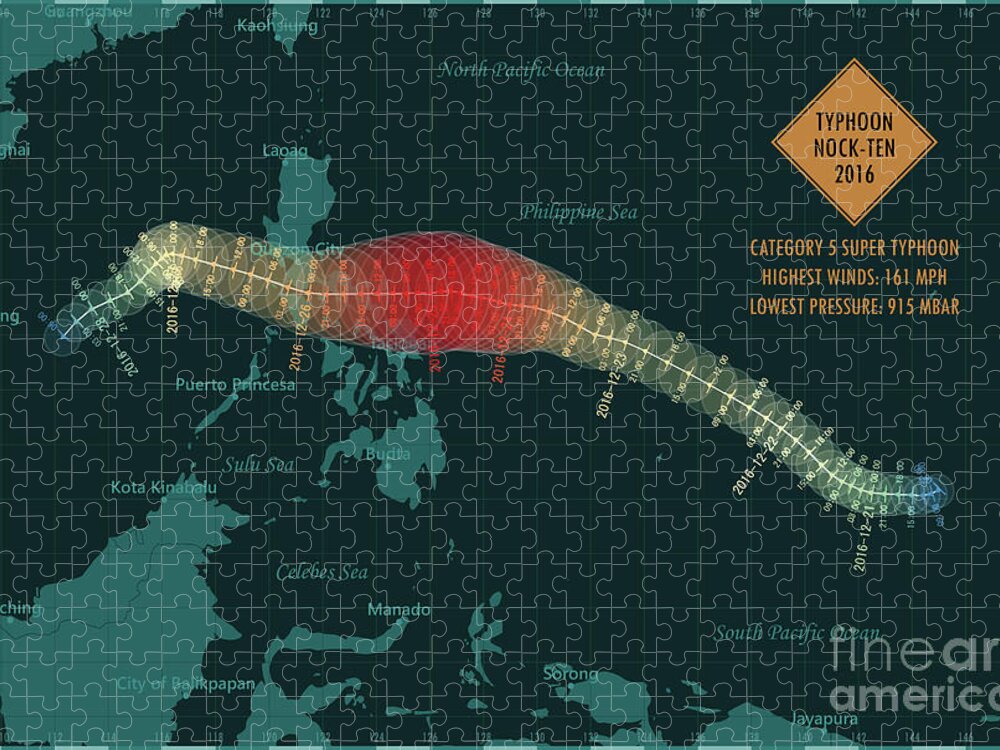 Cartography Jigsaw Puzzle featuring the digital art Typhoon Nock-Ten 2016 Track Philippine Sea Infographic by Frank Ramspott