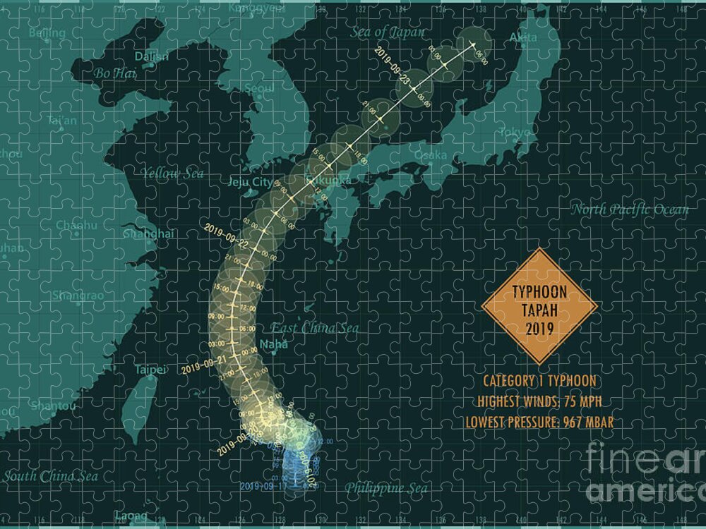 Cartography Jigsaw Puzzle featuring the digital art Typhoon Tapah 2019 Track East China Sea Infographic by Frank Ramspott