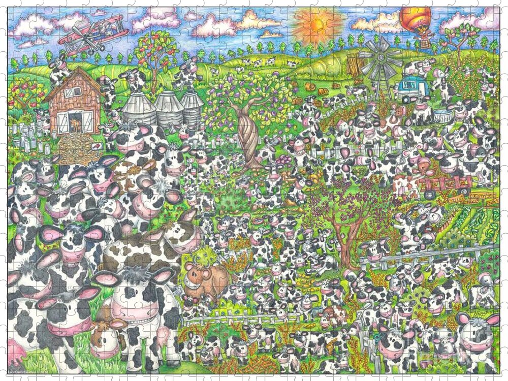 Cow Jigsaw Puzzle featuring the drawing Udder Madness by Lucy Davis