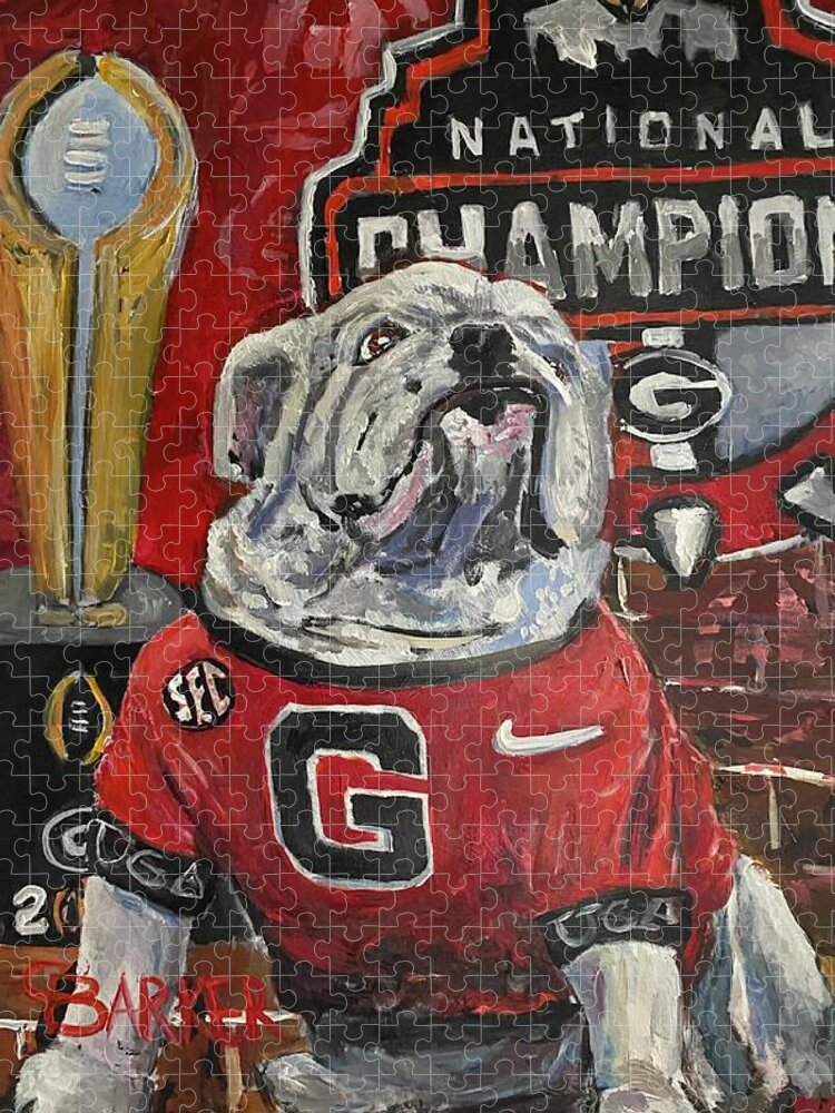 Georgia Bulldogs Jigsaw Puzzle featuring the painting Uga with National Championship Trophy by Chad Barker