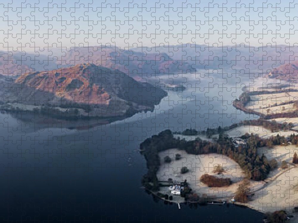Panorama Jigsaw Puzzle featuring the photograph Ullswater lake sunrise aerial lake district by Sonny Ryse