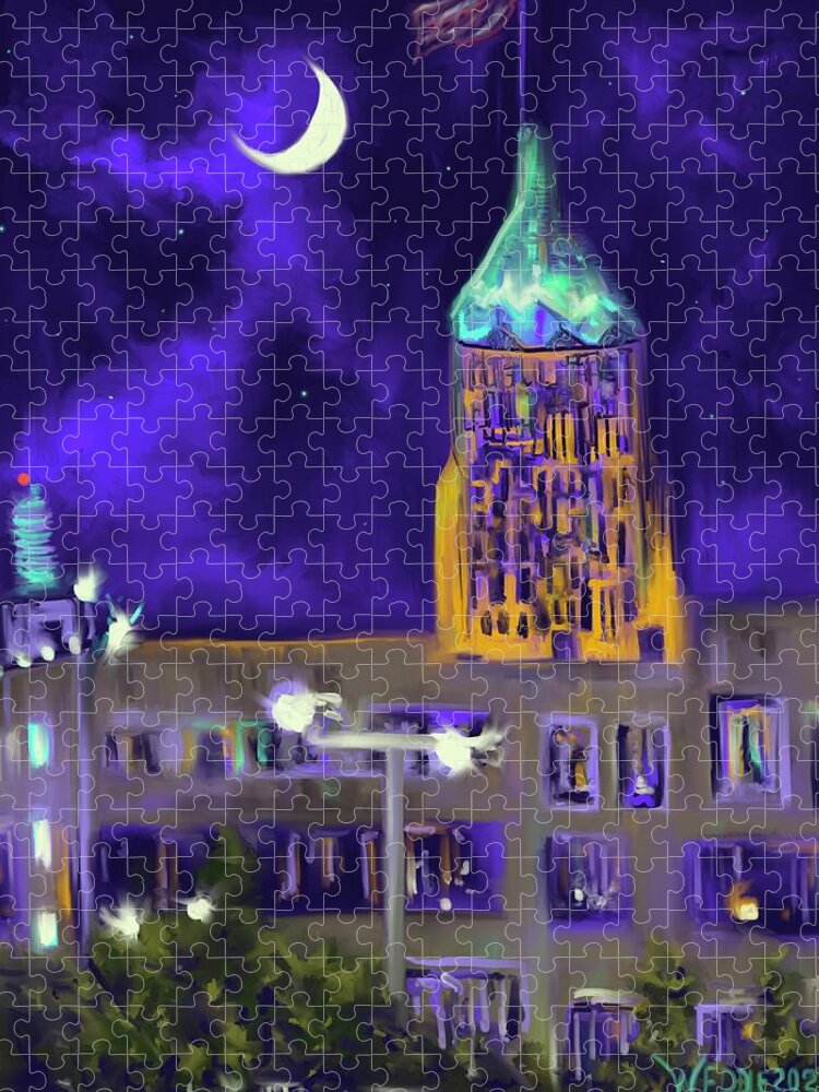 Crescent Moon Jigsaw Puzzle featuring the digital art Under A Crescent Moon by Angela Weddle