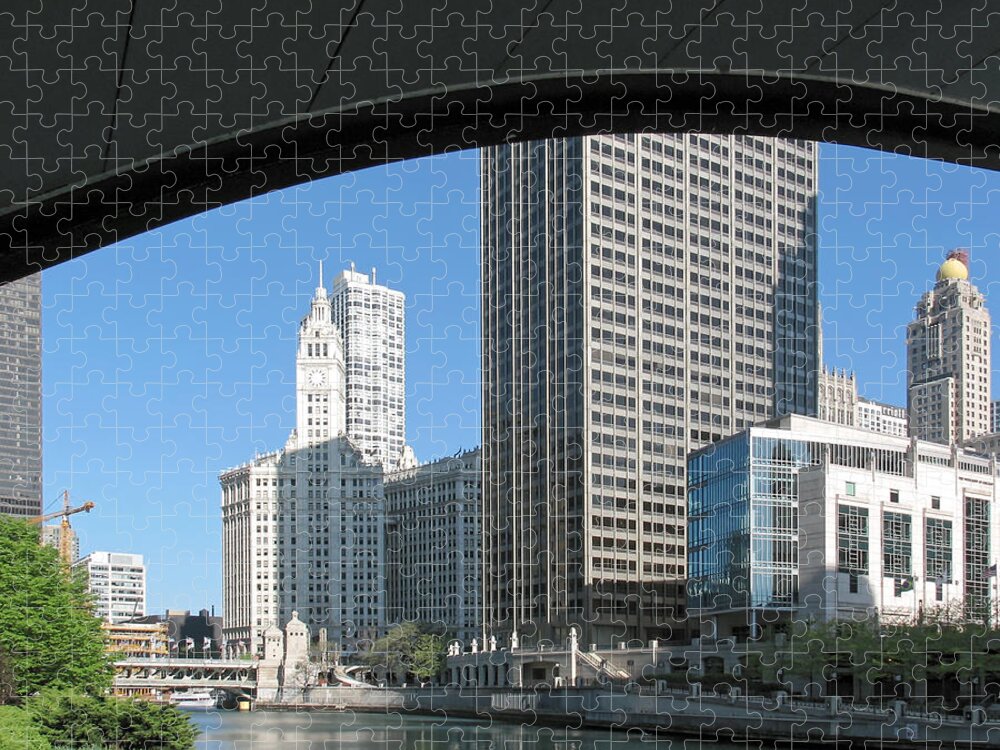 Under North Columbus Drive Jigsaw Puzzle featuring the photograph Under North Columbus Drive -- Buildings along the Chicago River in Chicago, Illinois by Darin Volpe