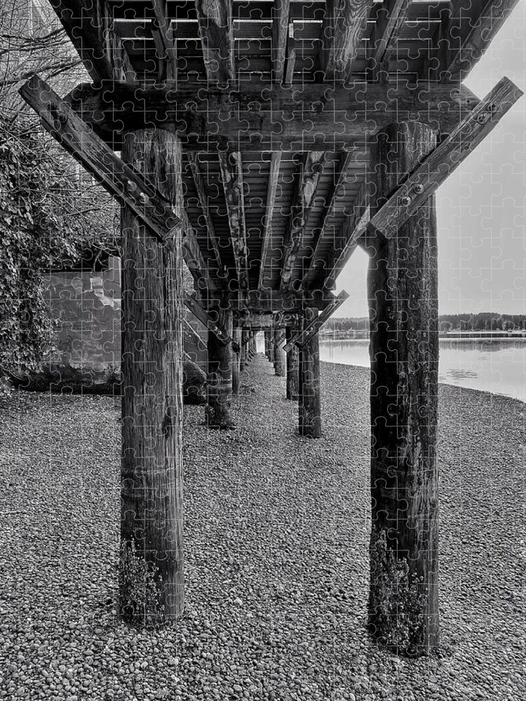 Black And White Jigsaw Puzzle featuring the photograph Under the Boardwalk - Poulsbo bw by Jerry Abbott