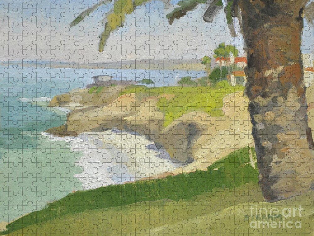 Wedding Bowl Jigsaw Puzzle featuring the painting Under the Palm at the Wedding Bowl, La Jolla by Paul Strahm