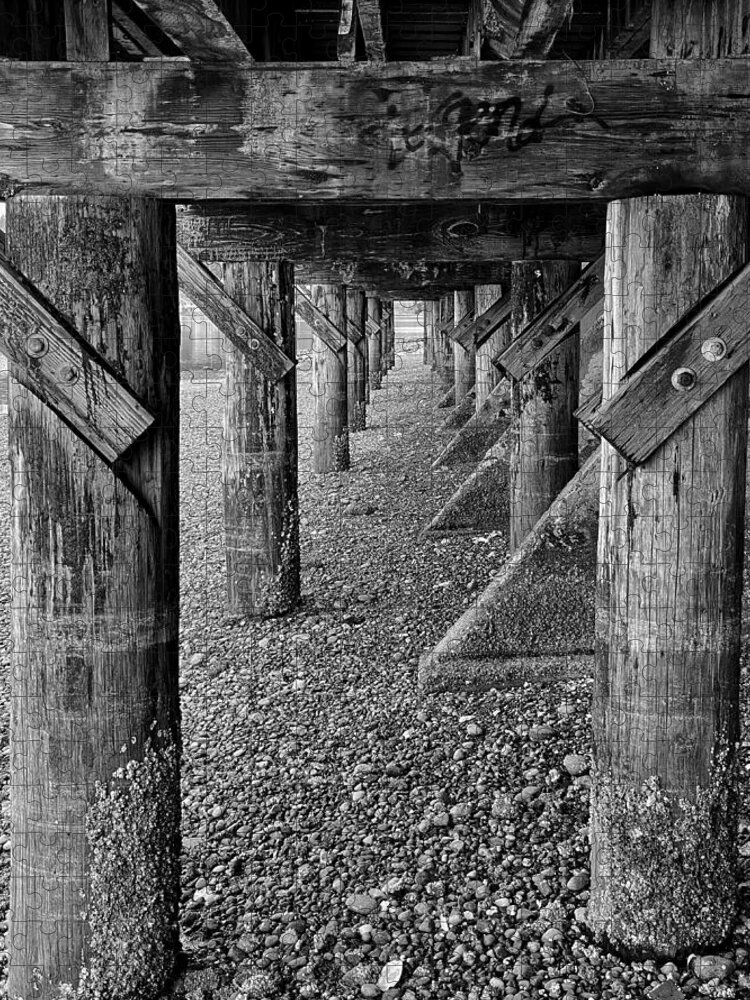 Black And White Jigsaw Puzzle featuring the photograph Under the Poulsbo Boardwalk bw by Jerry Abbott