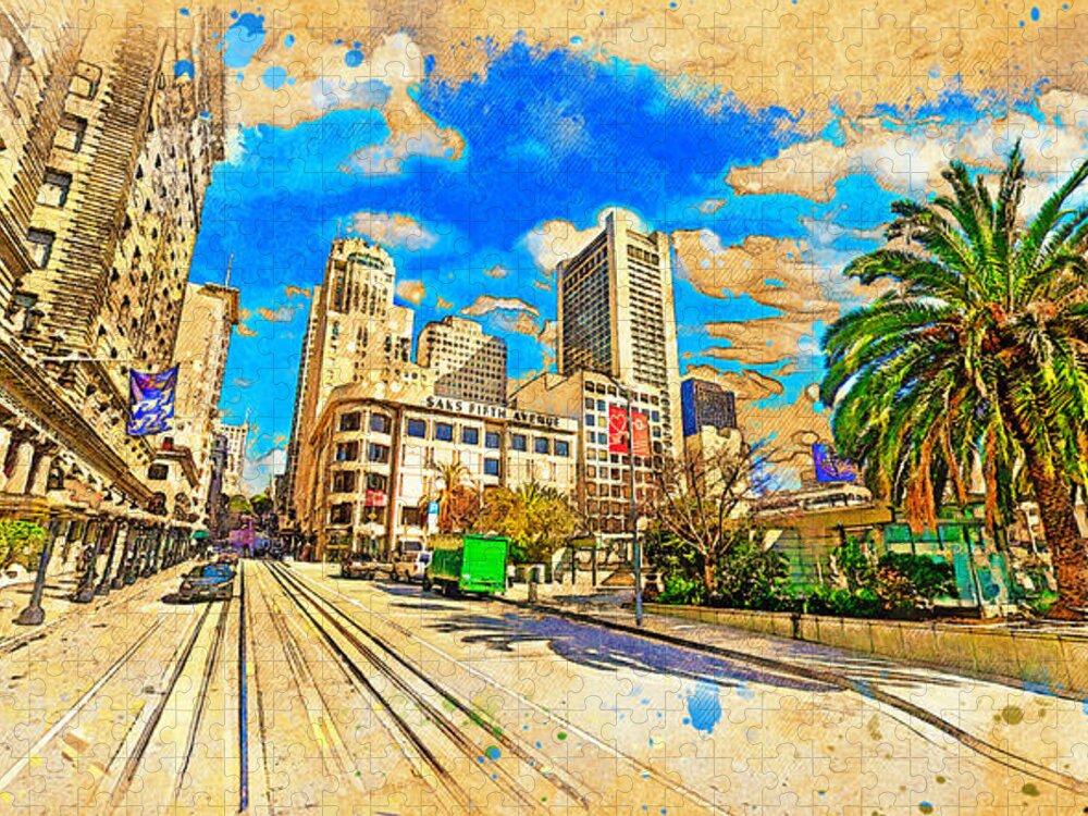 Union Square Jigsaw Puzzle featuring the digital art Union Square near Powell Street in San Francisco - digital painting by Nicko Prints