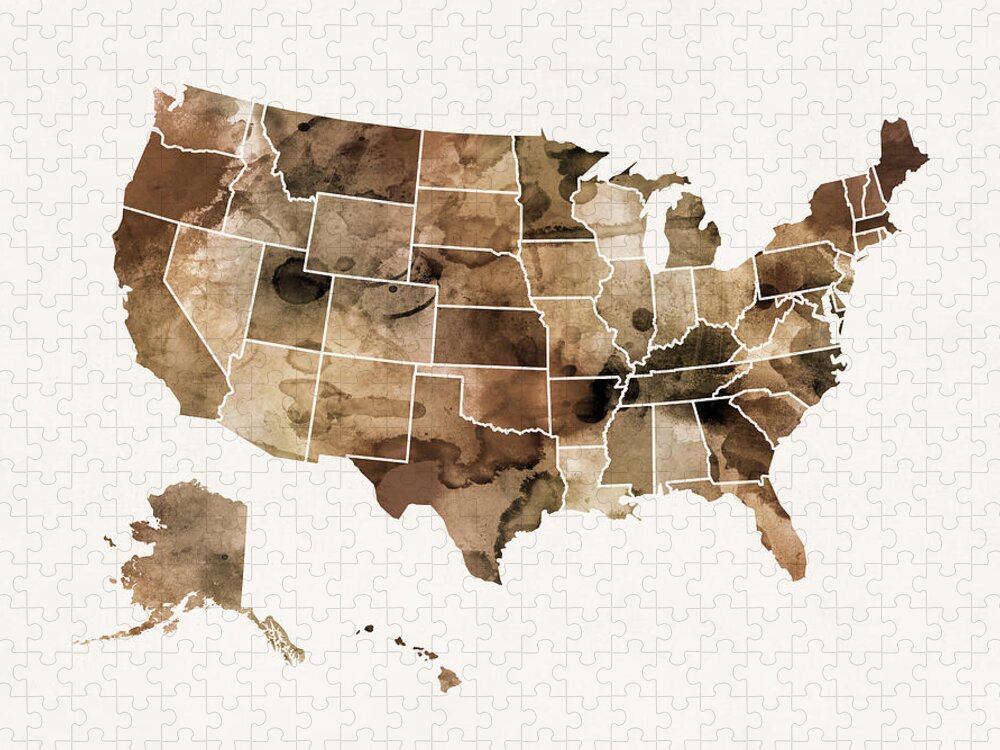 United States Map Jigsaw Puzzle featuring the digital art United States Watercolor Map Sepia v2 by Michael Tompsett