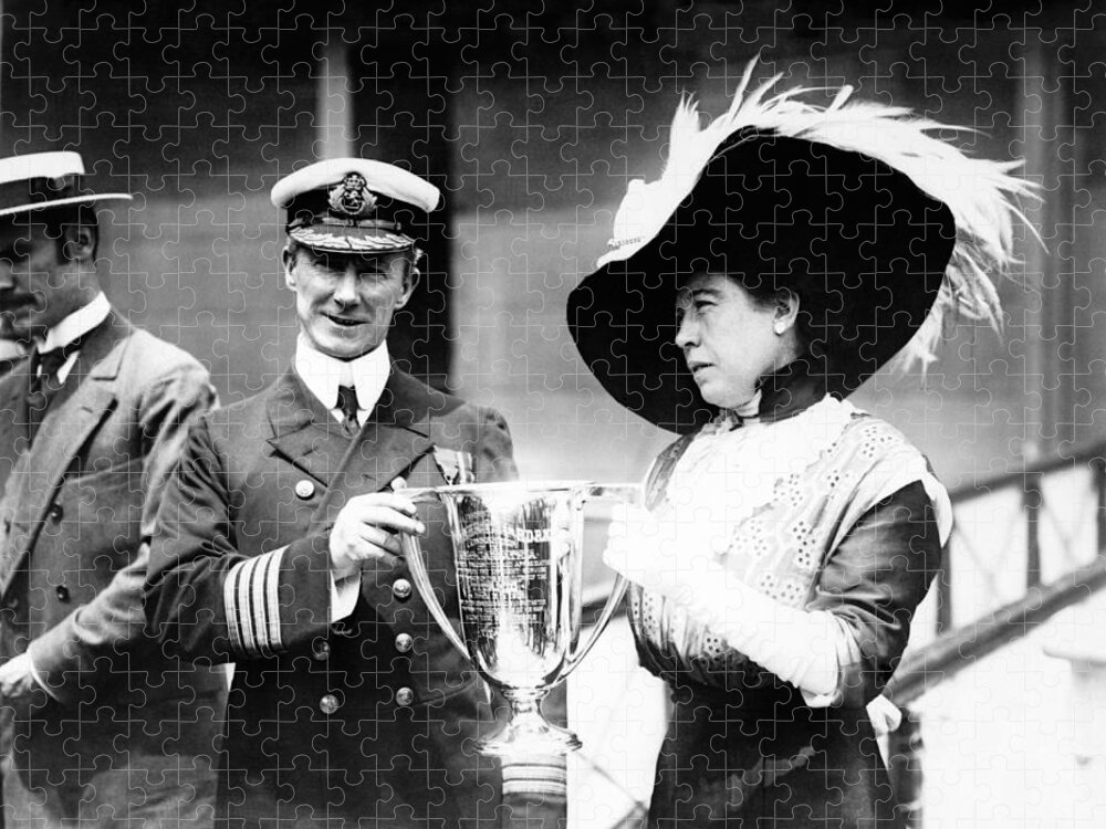 Titanic Jigsaw Puzzle featuring the photograph Unsinkable Molly Brown Presenting Award To RMS Carpathia Captain - 1912 by War Is Hell Store