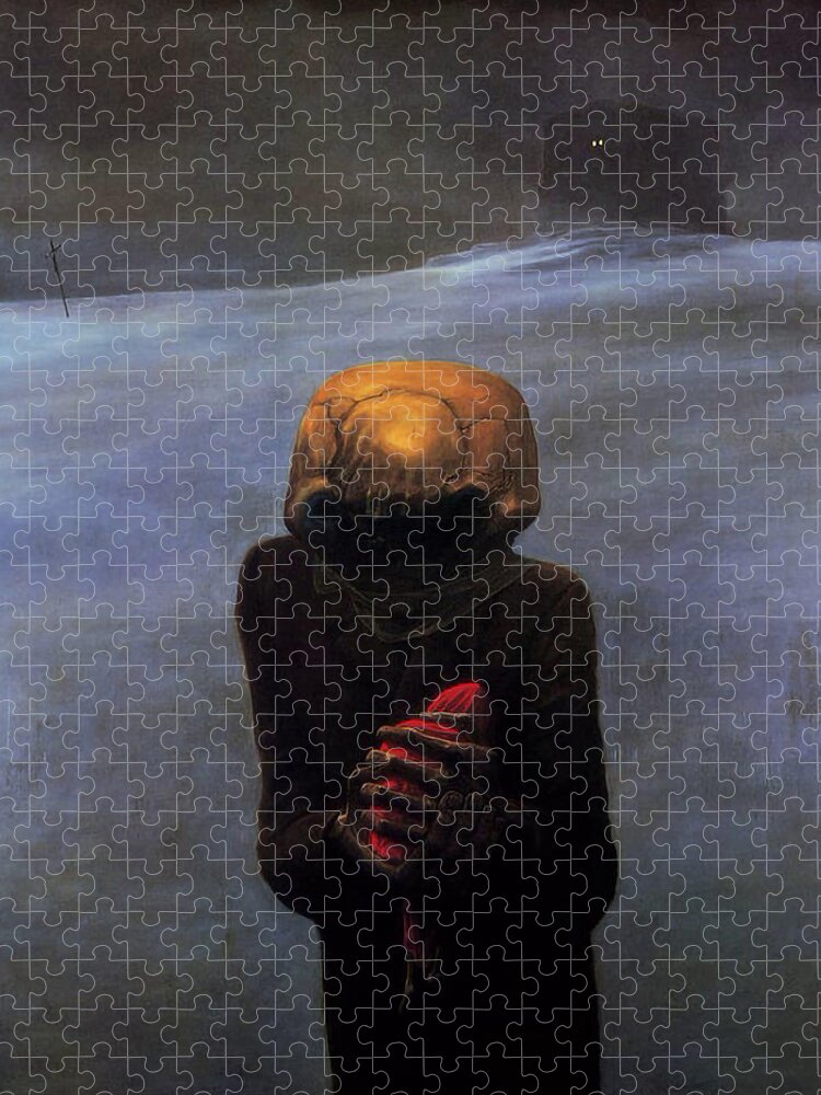 Child With Toy Jigsaw Puzzle featuring the painting Untitled - Child with Toy by Zdzislaw Beksinski
