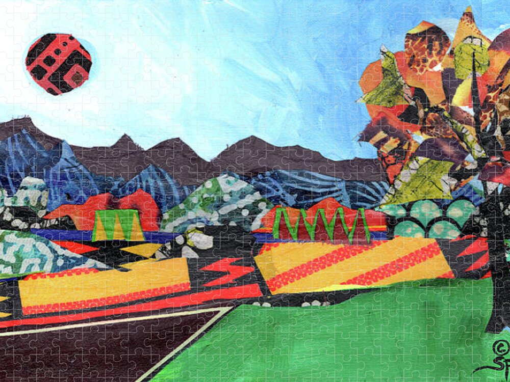 Abstract Art Jigsaw Puzzle featuring the mixed media Afro - Landscape #1 by Everett Spruill