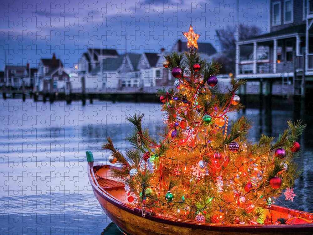 Atlantic Us Christmas Eastern Us Ma Massachusetts Nantucket Nantucket Town New England North America Rf Usa United States Boat Decoration Dory Northeast Northeastern Tree World Locations Jigsaw Puzzle featuring the photograph USA, New England, Massachusetts, Nantucket Island, Nantucket Town, small dory with Christmas tree by Panoramic Images