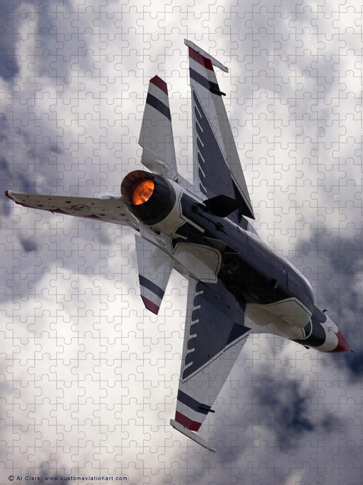Thunderbirds Jigsaw Puzzle featuring the photograph USAF Thunderbirds F-16 Falcon Solo #5 in a Knife-edge, high-G turn by Custom Aviation Art
