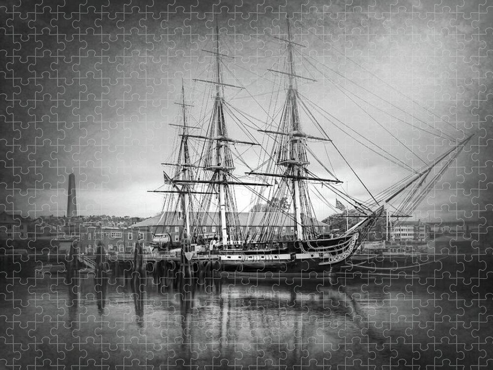 Boston Jigsaw Puzzle featuring the photograph USS Constitution Boston Black and White by Carol Japp