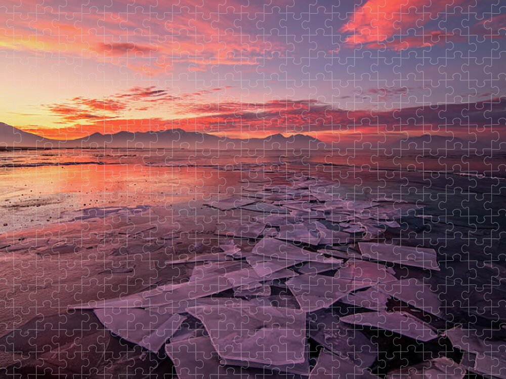 Utah Lake Jigsaw Puzzle featuring the photograph Utah Lake Ice Sunrise by Wesley Aston