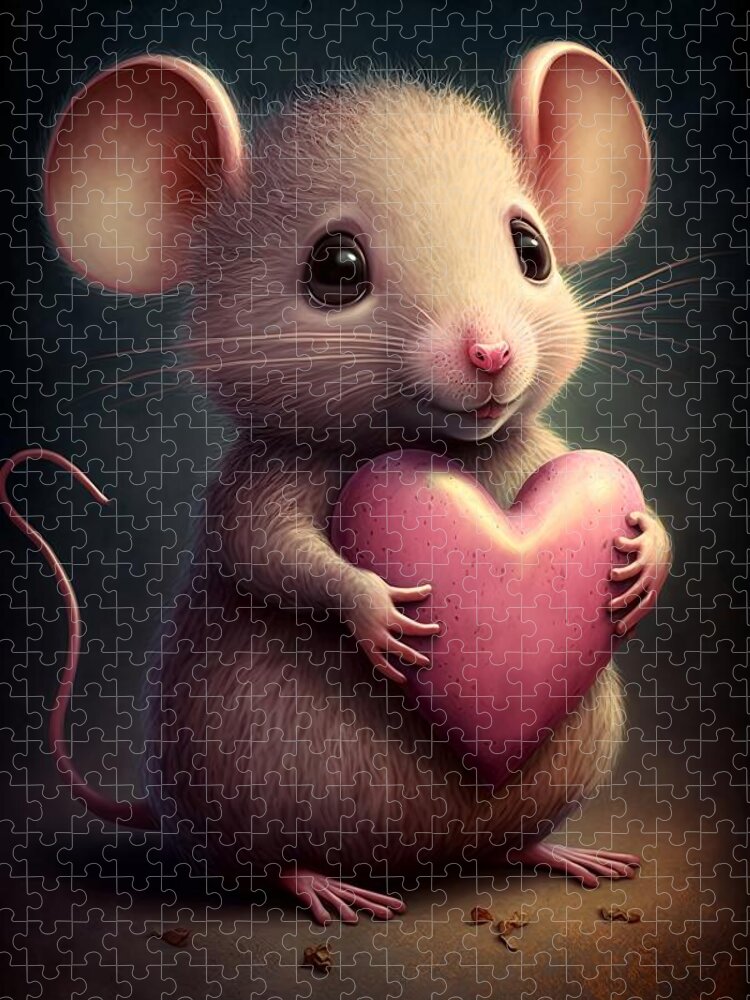 Mouse With Heart Jigsaw Puzzle featuring the mixed media Valentine Mouse by Lilia S