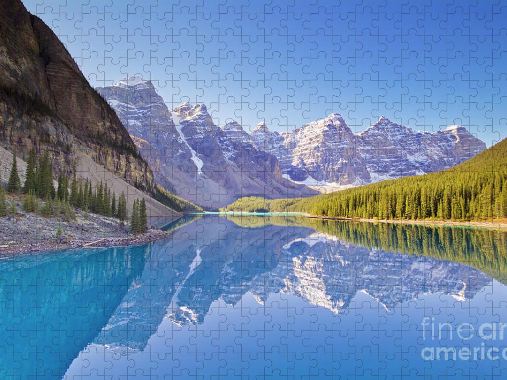 Moraine Lake Jigsaw Puzzle featuring the photograph Valley of the Ten Peaks reflected in Moraine Lake, Canadian Rockies by Neale And Judith Clark