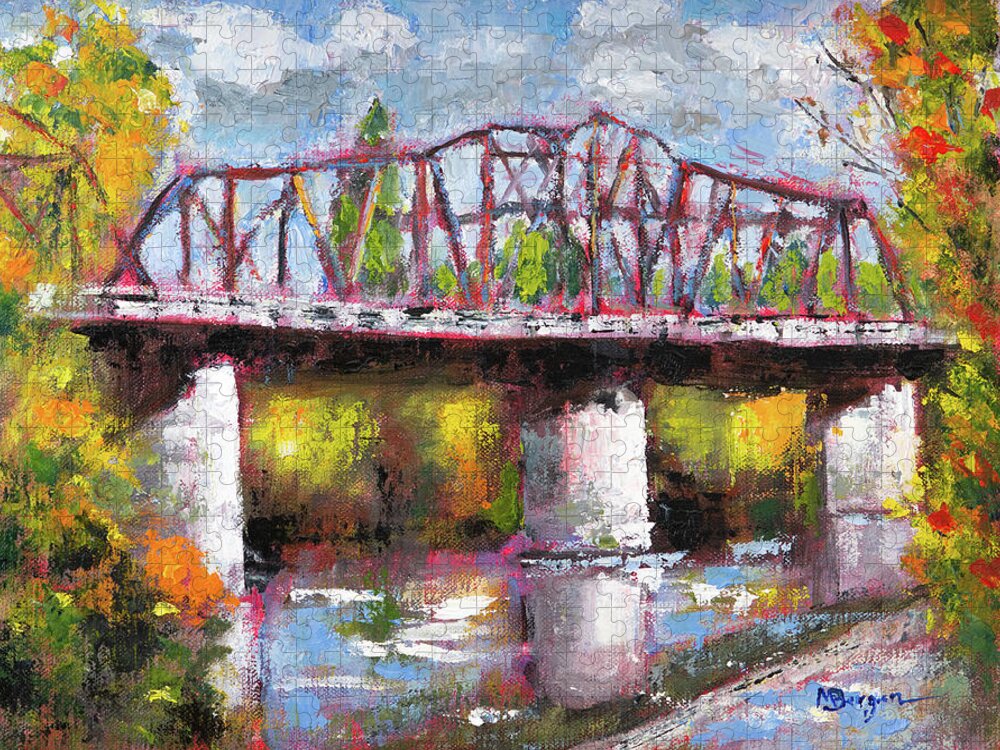 Van Buren Bridge Jigsaw Puzzle featuring the painting Van Buren Bridge, Corvallis by Mike Bergen