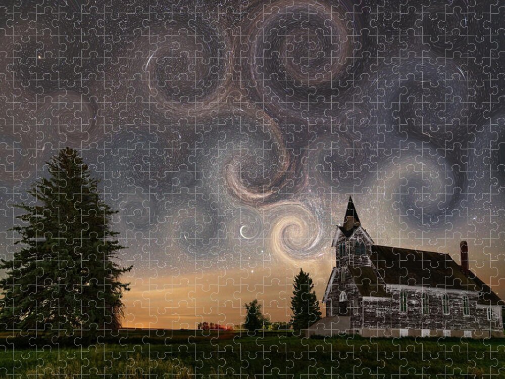Van Gogh Jigsaw Puzzle featuring the photograph Van Gogh Starry Night at the Big Coulee Church in rural ND by Peter Herman
