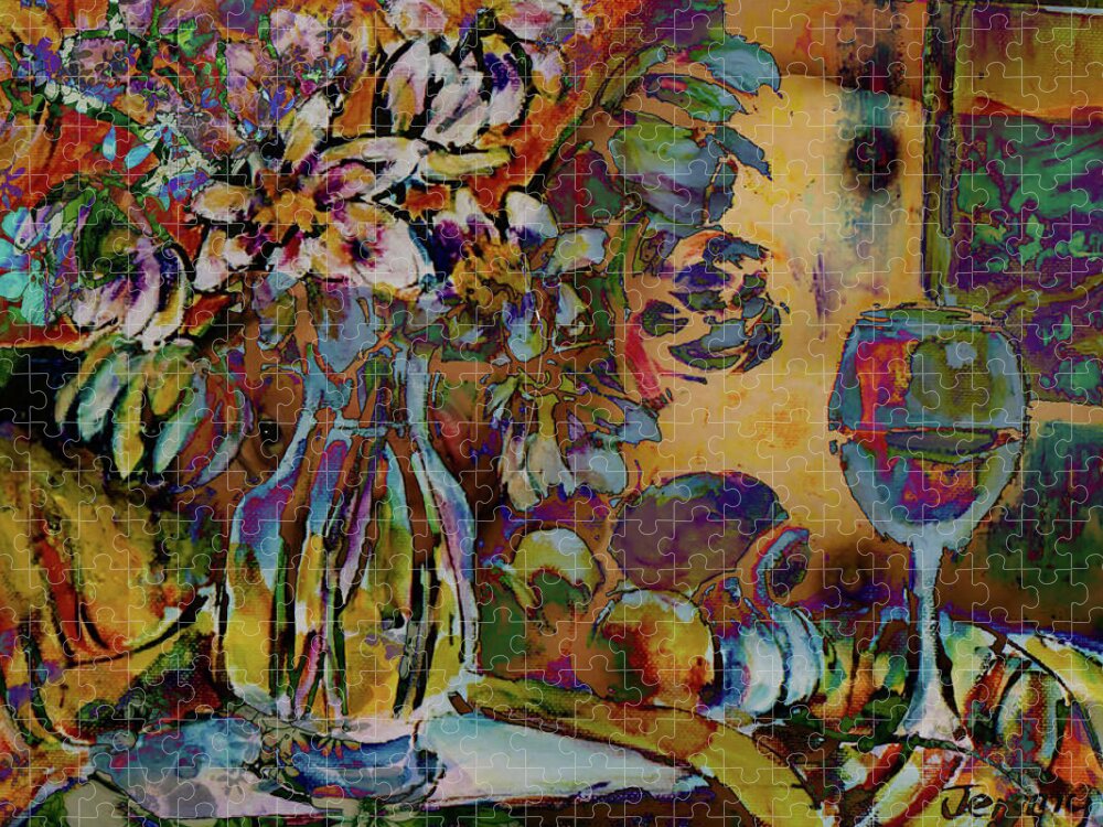 Flowers Jigsaw Puzzle featuring the digital art Vase of flowers and glass of wine with lips, eye and nipples by Jeremy Holton
