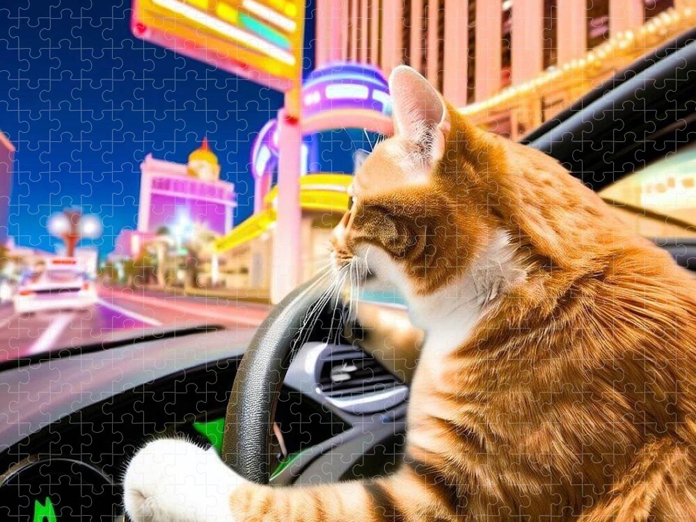Cat Jigsaw Puzzle featuring the digital art Vegas Trip by Cats In Places