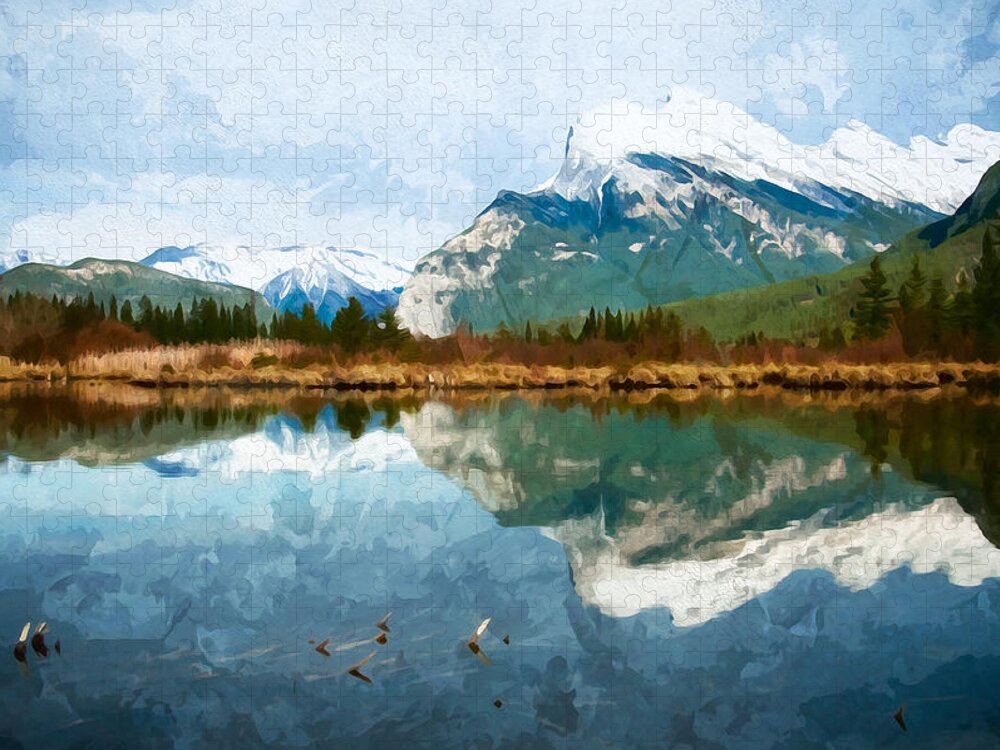 Mountains Jigsaw Puzzle featuring the digital art Watercolor Vermillion Lakes, Alberta by Naomi Maya