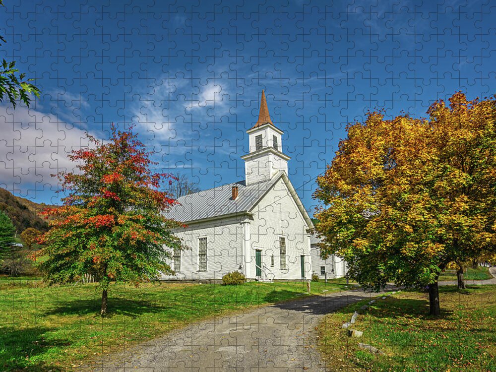 Fall Jigsaw Puzzle featuring the photograph Vermont Autumn at North Tunbridge Church by Ron Long Ltd Photography